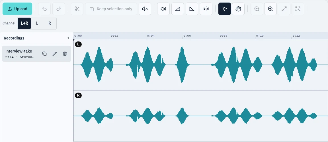 Audio editor with a stereo recording opened, showing the left and right waveforms and the toolbar with the Upload button