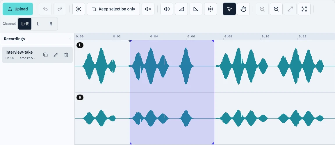 A range selected by dragging across the waveform, highlighted in both the left and right channels
