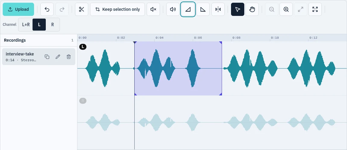 The L channel selected in the channel switch, with the right waveform dimmed and only the left edited
