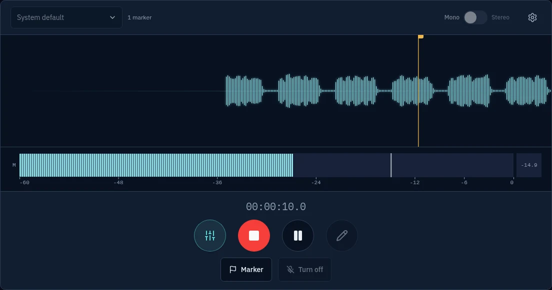 Una grabación en curso con la forma de onda en directo, una línea naranja de marcador, el medidor de nivel y los botones Detener y Pausa