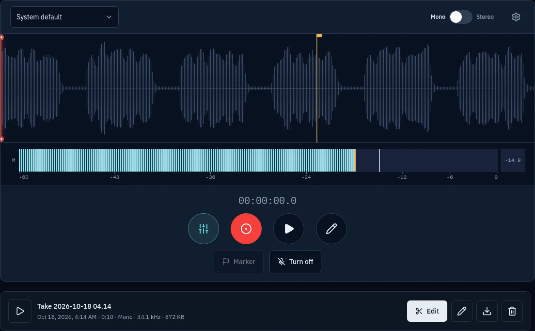 Una toma terminada en la lista de grabaciones con los botones Reproducir, Editar, Descargar y Borrar